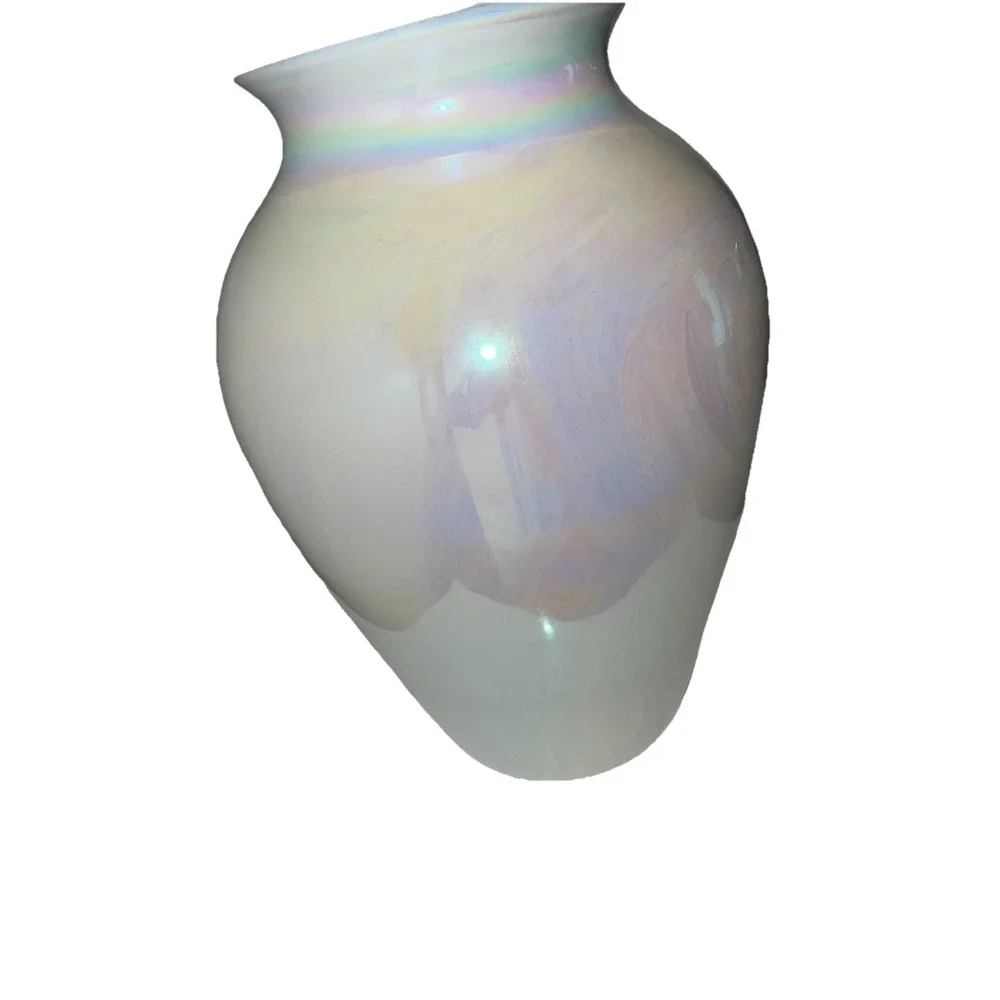 (15N)Vintage Cambridge Glass Pearl Iridescent Thin Blown White Tall Vase Decor